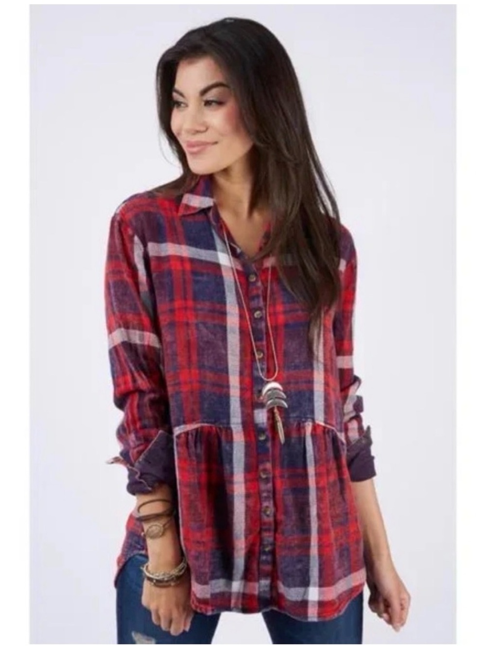 FREE PEOPLE Easy Street Plaid Tunic Shirt Size M